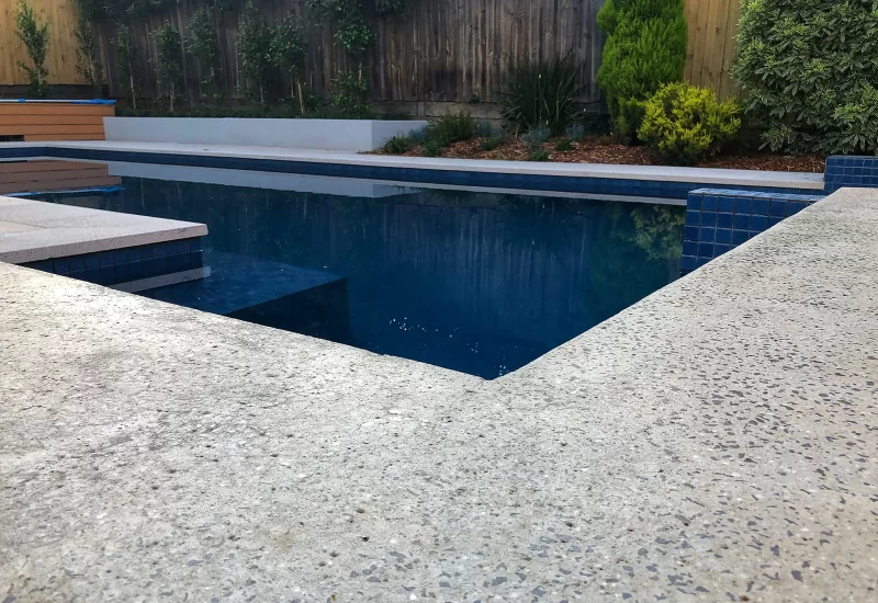 Exposed/ honed pool bar edge with the use of Concrete pavers, and linear cladding make this a great place for afternoon drinks.